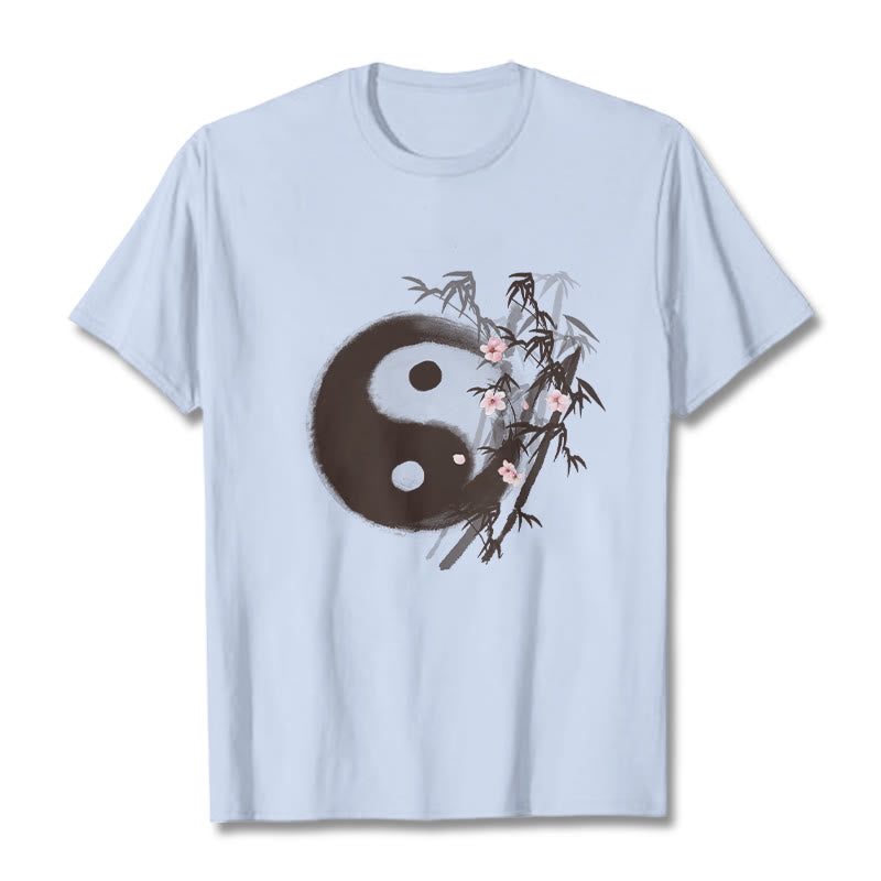 Buddha Stones T-Shirt mit Yin-Yang-Bambus-Kirschblütenmuster - Hellcyan - 2XL - image 17