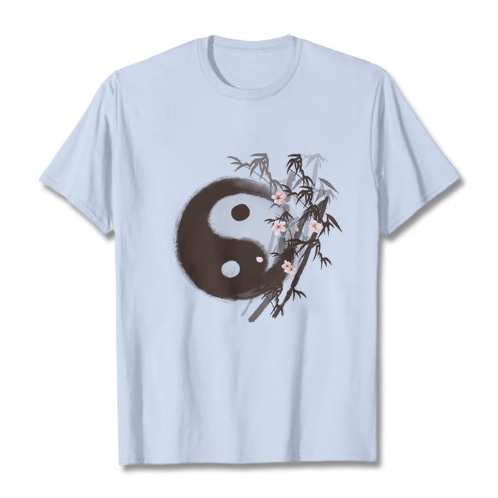 Buddha Stones T-Shirt mit Yin-Yang-Bambus-Kirschblütenmuster - Hellcyan - 2XL - image 17