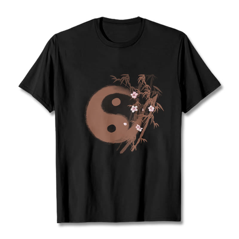 Buddha Stones T-Shirt mit Yin-Yang-Bambus-Kirschblütenmuster - Schwarz - 2XL - image 3
