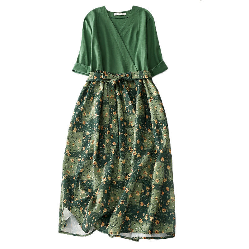 Buddha Stones – Midikleid aus Baumwolle und Leinen mit V-Ausschnitt, halblangen Ärmeln und Taschen, Frühlingsblumen-Print - Grün - US8-10, UK/AU12-14, EU40-42 (2XL) - image 1