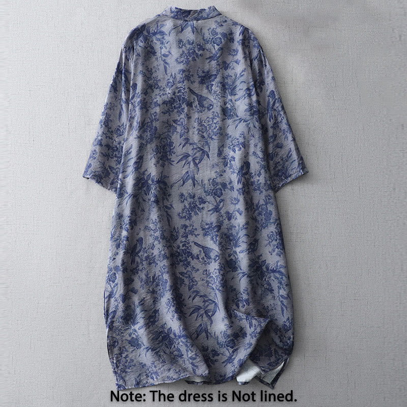 Buddha Stones Midikleid aus Baumwolle mit Blumen- und Blattdruck, halblangen Ärmeln, Mandarinkragen und Froschknopf - image 2