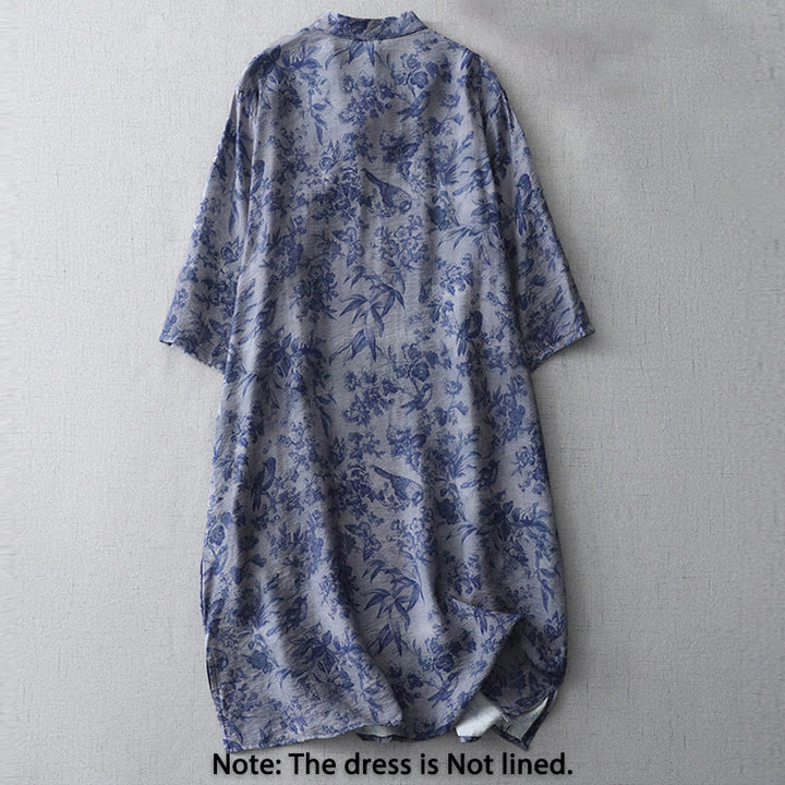 Buddha Stones Midikleid aus Baumwolle mit Blumen- und Blattdruck, halblangen Ärmeln, Mandarinkragen und Froschknopf - image 2