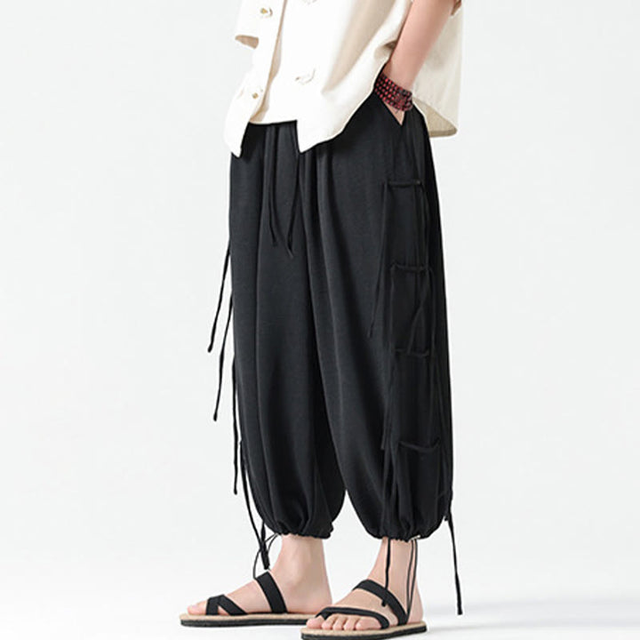 Buddha Stones Lässige, lockere Spandex-Hose mit Lanyard-Design und Taillenseil für Herren in der Länge 7–8 mit Taschen - image 3