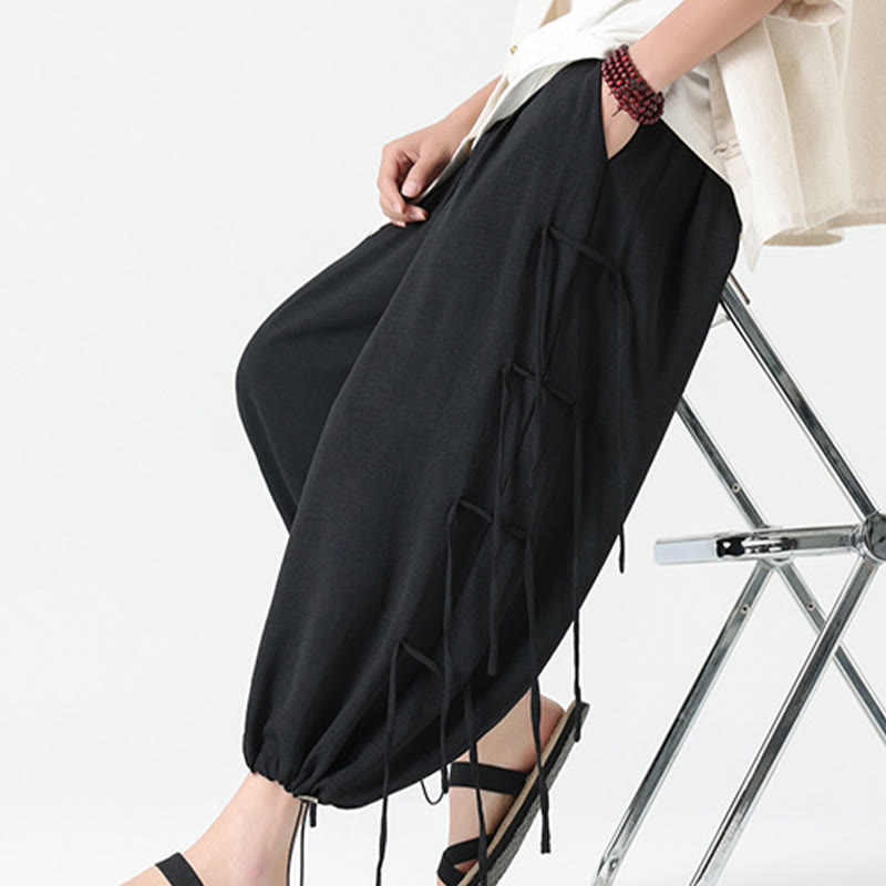 Buddha Stones Lässige, lockere Spandex-Hose mit Lanyard-Design und Taillenseil für Herren in der Länge 7–8 mit Taschen - image 14