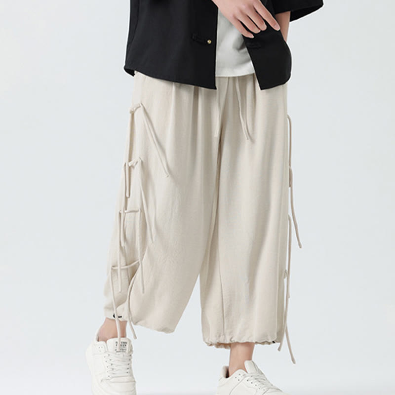 Buddha Stones Lässige, lockere Spandex-Hose mit Lanyard-Design und Taillenseil für Herren in der Länge 7–8 mit Taschen - image 29