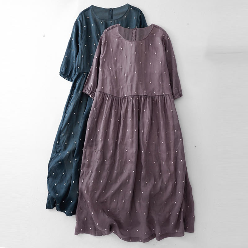 Buddha Stones Midikleid aus Polyester mit Rückenknopfleiste, Punktmuster, halben Ärmeln und Taschen - image 7