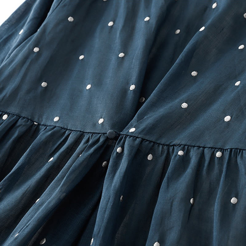 Buddha Stones Midikleid aus Baumwolle und Leinen mit halblangen Ärmeln, Knopfleiste hinten und Punktmuster und Taschen - image 6