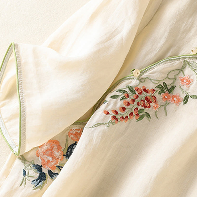 Zen-Midikleid aus Baumwolle und Leinen mit Buddha Stones -Stickerei, Blumensaum und Schlitz - image 12