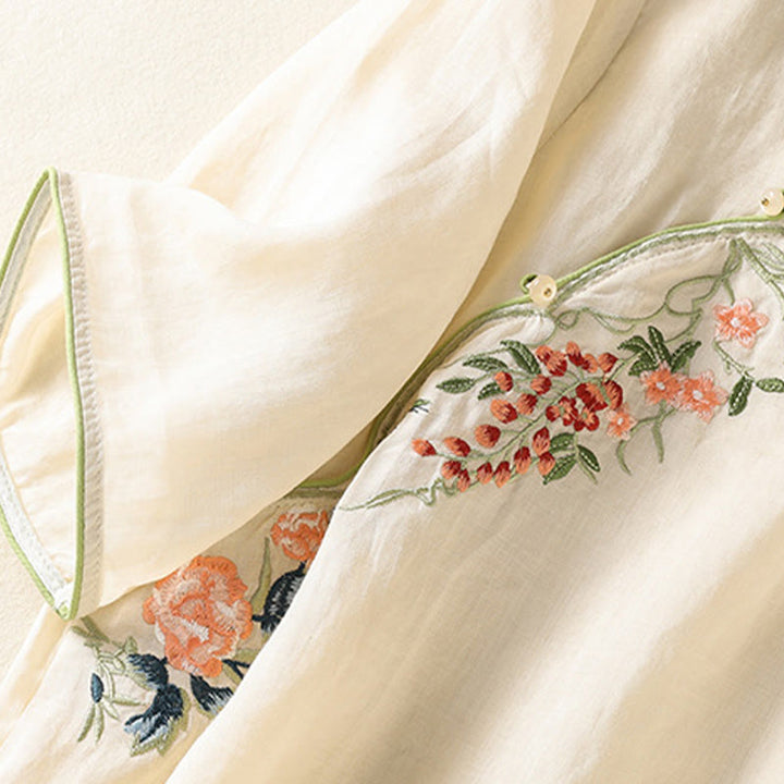 Zen-Midikleid aus Baumwolle und Leinen mit Buddha Stones -Stickerei, Blumensaum und Schlitz - image 12