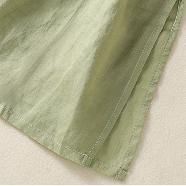 Zen-Midikleid aus Baumwolle und Leinen mit Buddha Stones -Stickerei, Blumensaum und Schlitz - image 4