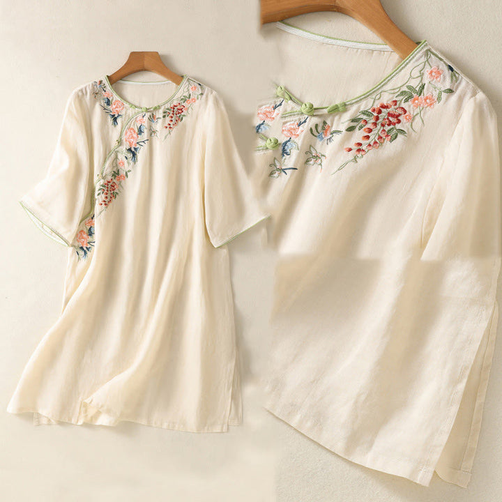 Zen-Midikleid aus Baumwolle und Leinen mit Buddha Stones -Stickerei, Blumensaum und Schlitz - image 15