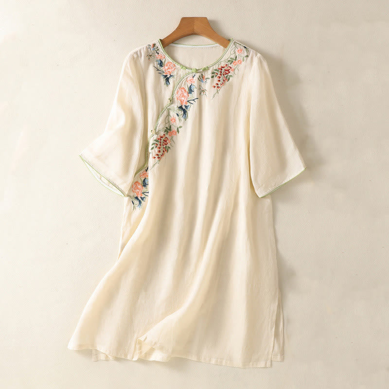 Zen-Midikleid aus Baumwolle und Leinen mit Buddha Stones -Stickerei, Blumensaum und Schlitz - Beige - US8-10， UK/AU12-14，EU40-42 (2XL) - image 6