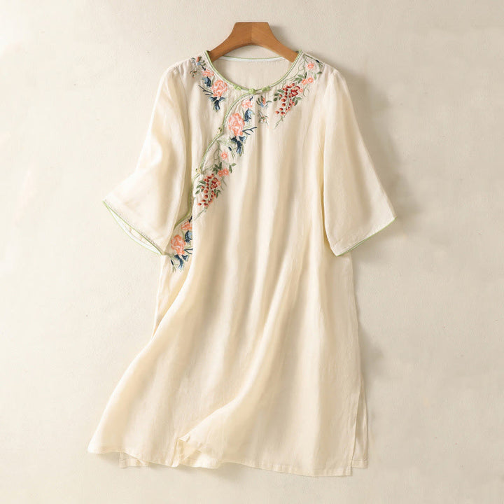 Zen-Midikleid aus Baumwolle und Leinen mit Buddha Stones -Stickerei, Blumensaum und Schlitz - Beige - US8-10， UK/AU12-14，EU40-42 (2XL) - image 6