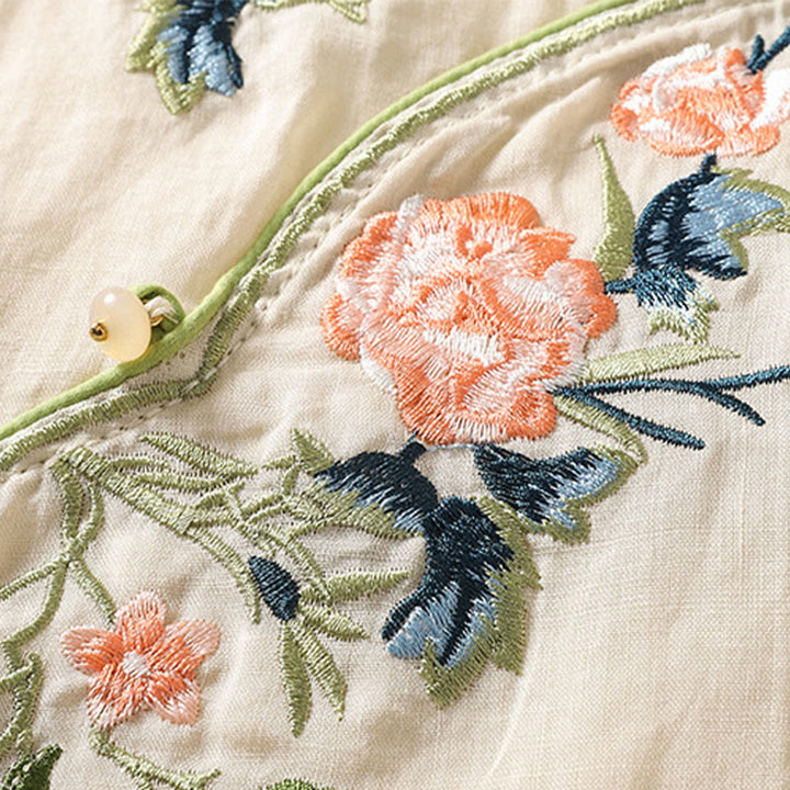 Zen-Midikleid aus Baumwolle und Leinen mit Buddha Stones -Stickerei, Blumensaum und Schlitz - image 11