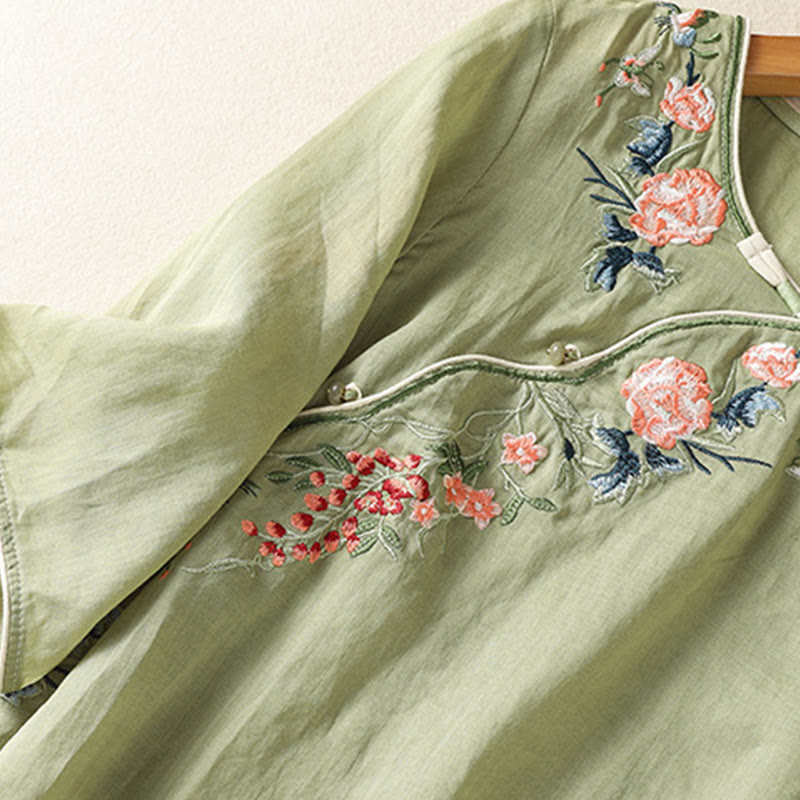 Zen-Midikleid aus Baumwolle und Leinen mit Buddha Stones -Stickerei, Blumensaum und Schlitz - image 3