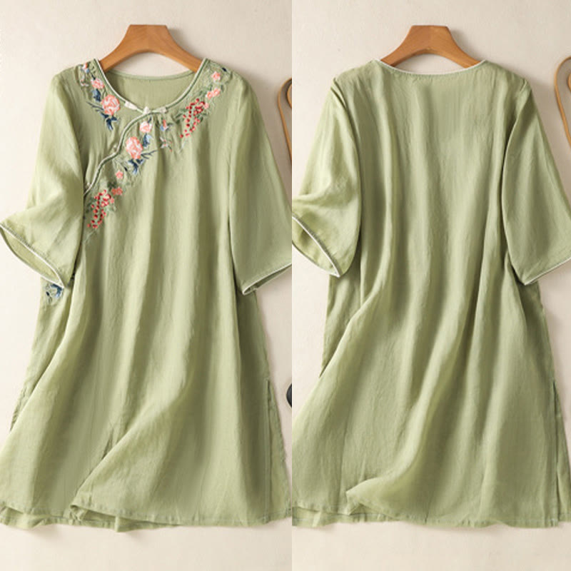 Zen-Midikleid aus Baumwolle und Leinen mit Buddha Stones -Stickerei, Blumensaum und Schlitz - image 5