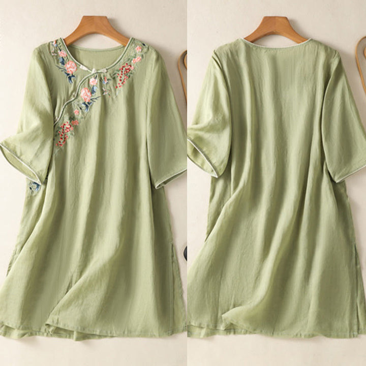 Zen-Midikleid aus Baumwolle und Leinen mit Buddha Stones -Stickerei, Blumensaum und Schlitz - image 5