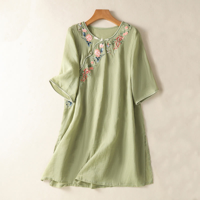Zen-Midikleid aus Baumwolle und Leinen mit Buddha Stones -Stickerei, Blumensaum und Schlitz - Hellgrün - US8-10， UK/AU12-14，EU40-42 (2XL) - image 0