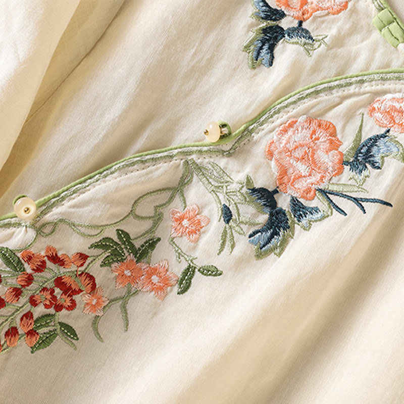 Zen-Midikleid aus Baumwolle und Leinen mit Buddha Stones -Stickerei, Blumensaum und Schlitz - image 10