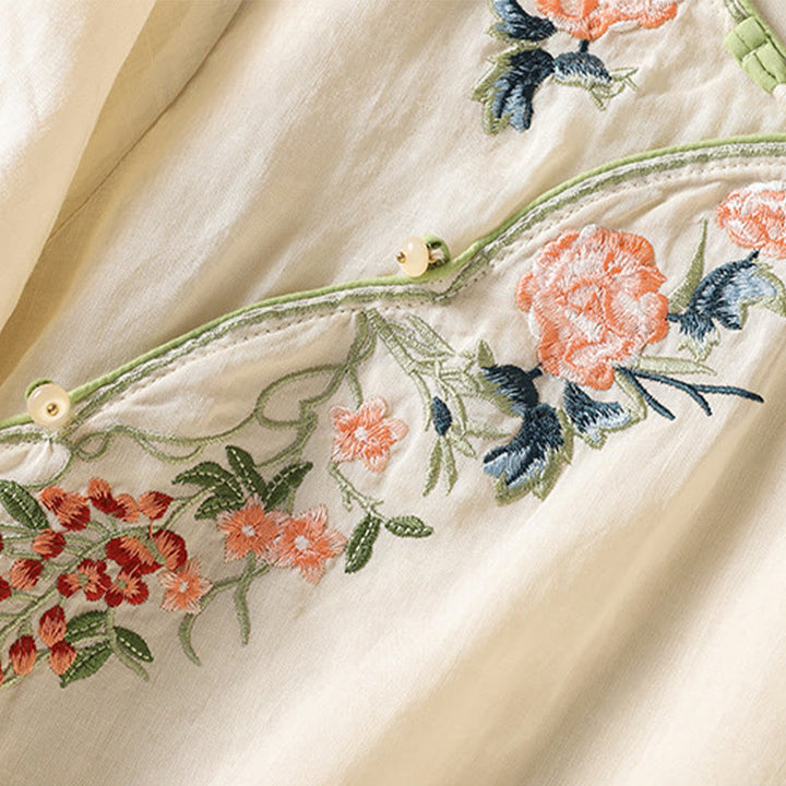 Zen-Midikleid aus Baumwolle und Leinen mit Buddha Stones -Stickerei, Blumensaum und Schlitz - image 10