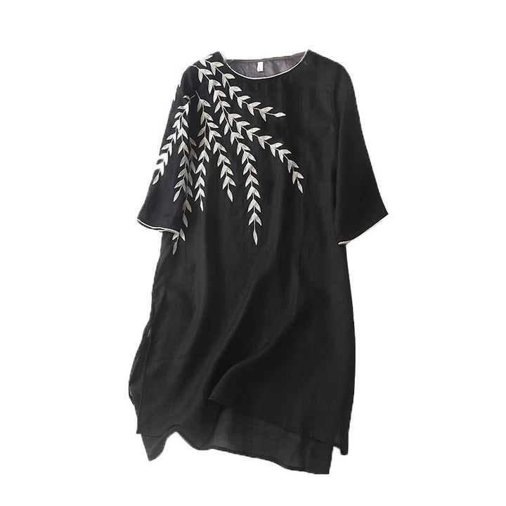 Buddha Stones – Lässiges Midikleid aus Baumwolle und Leinen mit Stickerei, geteilten Dreiviertelärmeln - image 10