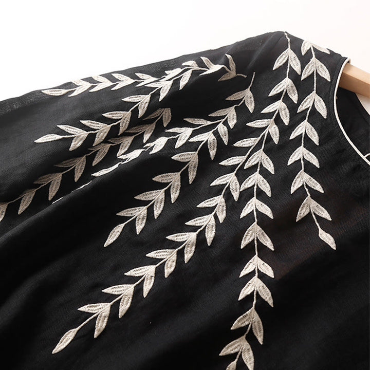 Buddha Stones – Lässiges Midikleid aus Baumwolle und Leinen mit Stickerei, geteilten Dreiviertelärmeln - image 3