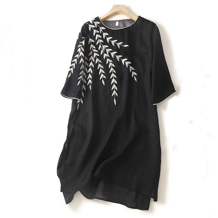 Buddha Stones – Lässiges Midikleid aus Baumwolle und Leinen mit Stickerei, geteilten Dreiviertelärmeln - Schwarz - US 8-10, UK/AU 12-14, EU 40-42 (2XL) - image 0