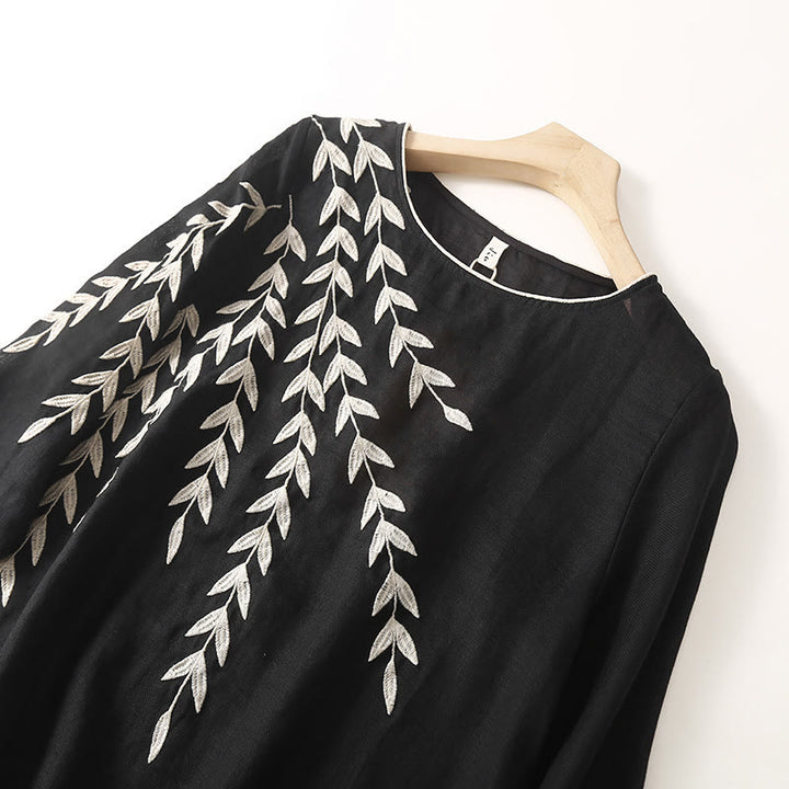 Buddha Stones – Lässiges Midikleid aus Baumwolle und Leinen mit Stickerei, geteilten Dreiviertelärmeln - image 2