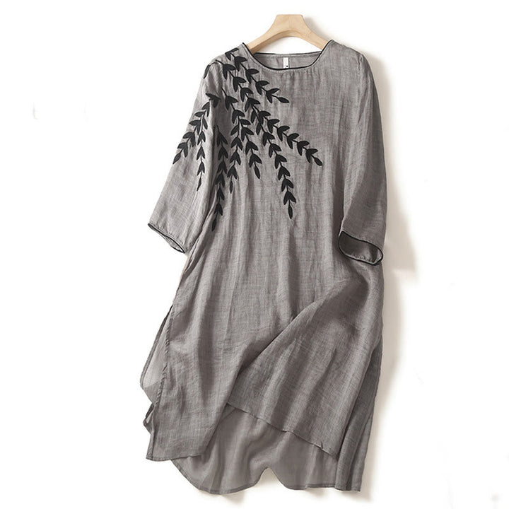 Buddha Stones – Lässiges Midikleid aus Baumwolle und Leinen mit Stickerei, geteilten Dreiviertelärmeln - Dunkelgrau - US8-10, UK/AU12-14, EU40-42 (2XL) - image 12