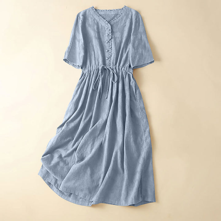 Buddha Stones Sommer-Jacquard-Midikleid aus Baumwolle und Leinen mit Kordelzug und Faltendesign und Taschen - Hellstahlblau - US14， UK/AU18，EU46 (2XL) - image 18