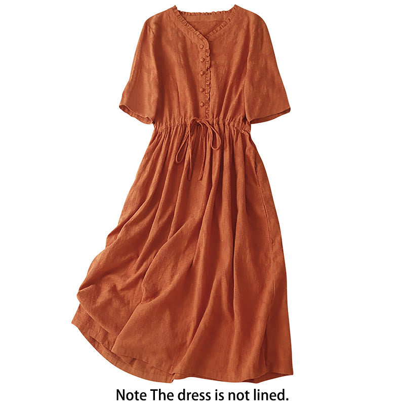 Buddha Stones Sommer-Jacquard-Midikleid aus Baumwolle und Leinen mit Kordelzug und Faltendesign und Taschen - image 1