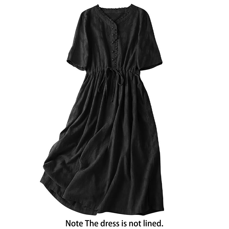Buddha Stones Sommer-Jacquard-Midikleid aus Baumwolle und Leinen mit Kordelzug und Faltendesign und Taschen - image 16
