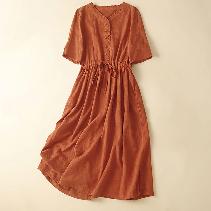 Buddha Stones Sommer-Jacquard-Midikleid aus Baumwolle und Leinen mit Kordelzug und Faltendesign und Taschen - DunkelOrange - US14， UK/AU18，EU46 (2XL) - image 0