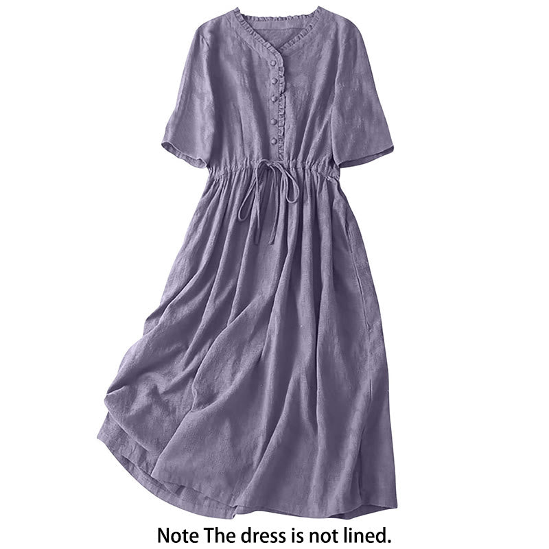 Buddha Stones Sommer-Jacquard-Midikleid aus Baumwolle und Leinen mit Kordelzug und Faltendesign und Taschen - image 10