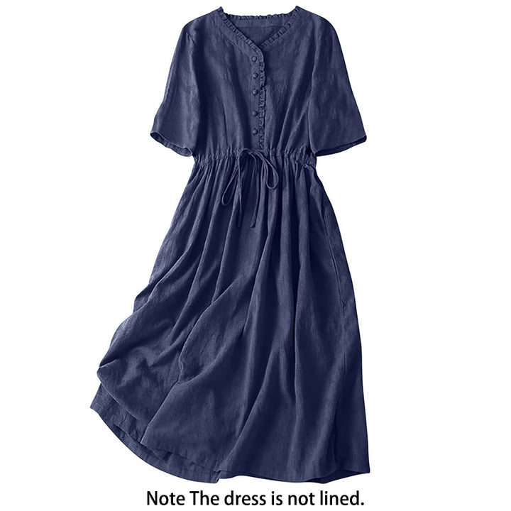 Buddha Stones Sommer-Jacquard-Midikleid aus Baumwolle und Leinen mit Kordelzug und Faltendesign und Taschen - image 13