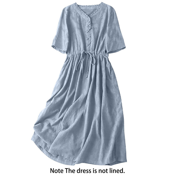 Buddha Stones Sommer-Jacquard-Midikleid aus Baumwolle und Leinen mit Kordelzug und Faltendesign und Taschen - image 19