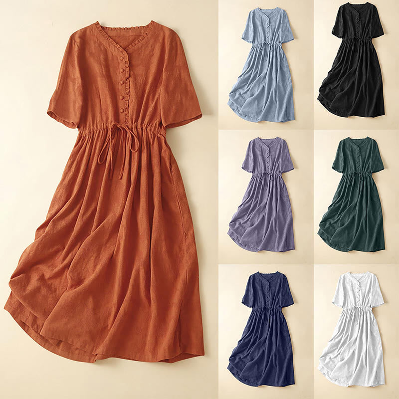 Buddha Stones Sommer-Jacquard-Midikleid aus Baumwolle und Leinen mit Kordelzug und Faltendesign und Taschen - image 21