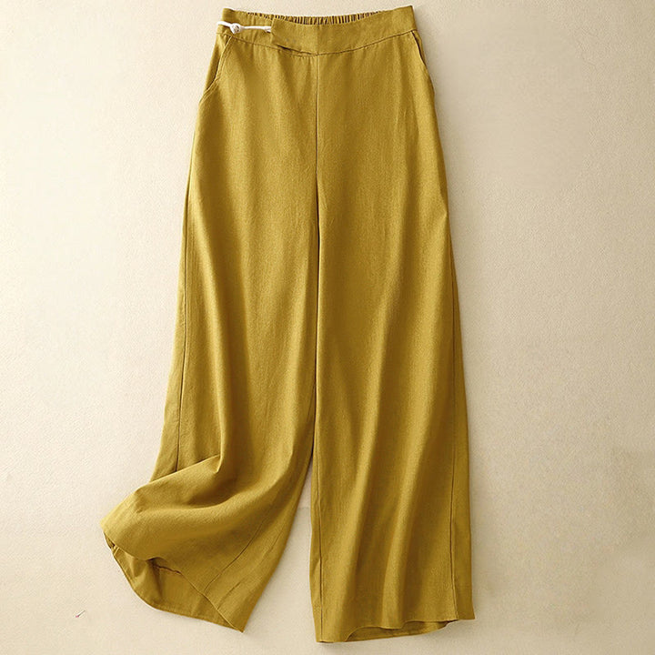 Buddha Stones Damenhose aus Baumwollleinen mit weitem Bein und Froschknöpfen in Unifarbe und Taschen - Goldrute - US12， UK/AU16，EU44 (2XL) - image 5