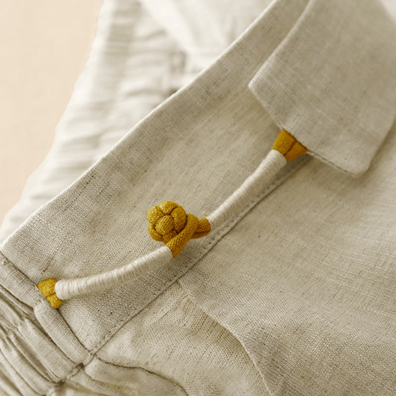 Buddha Stones Damenhose aus Baumwollleinen mit weitem Bein und Froschknöpfen in Unifarbe und Taschen - image 22
