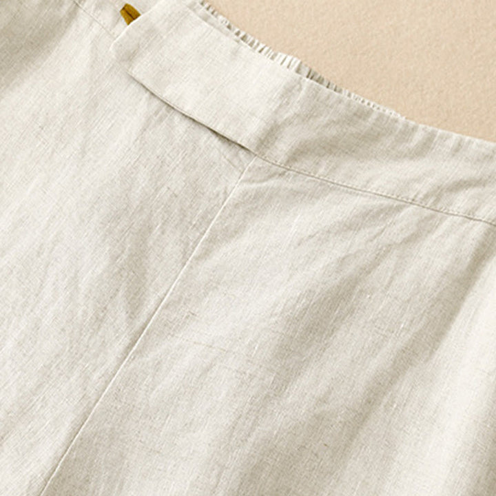 Buddha Stones Damenhose aus Baumwollleinen mit weitem Bein und Froschknöpfen in Unifarbe und Taschen - image 19