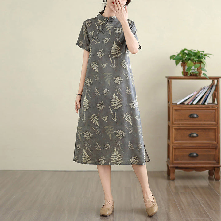 Buddha Stones Retro Dunkelgraues chinesisches Cheongsam-Midikleid aus Baumwolle mit Froschknöpfen und Taschen - image 4