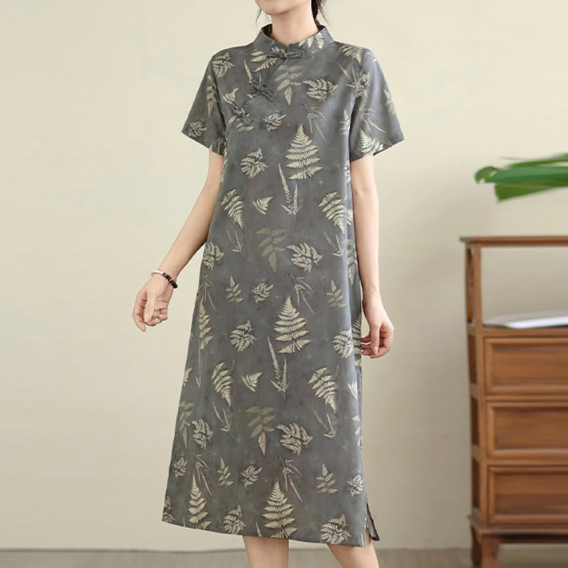 Buddha Stones Retro Dunkelgraues chinesisches Cheongsam-Midikleid aus Baumwolle mit Froschknöpfen und Taschen - image 6