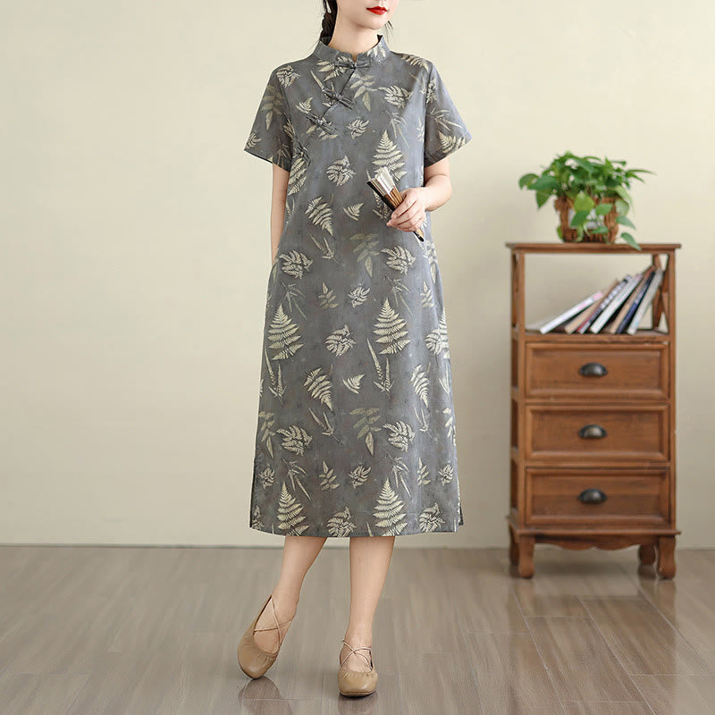 Buddha Stones Retro Dunkelgraues chinesisches Cheongsam-Midikleid aus Baumwolle mit Froschknöpfen und Taschen - Dunkelgrau - US8-10, UK/AU12-14, EU40-42 (2XL) - image 1