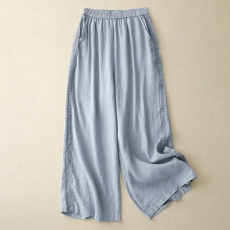 Buddha Stones Damenhose mit weitem Bein und Spitzennähten aus Baumwolle und Leinen in schlichter Farbe mit Taschen - Hellblau - US 8-10, UK/AU 12-14, EU 40-42 (2XL) - image 0