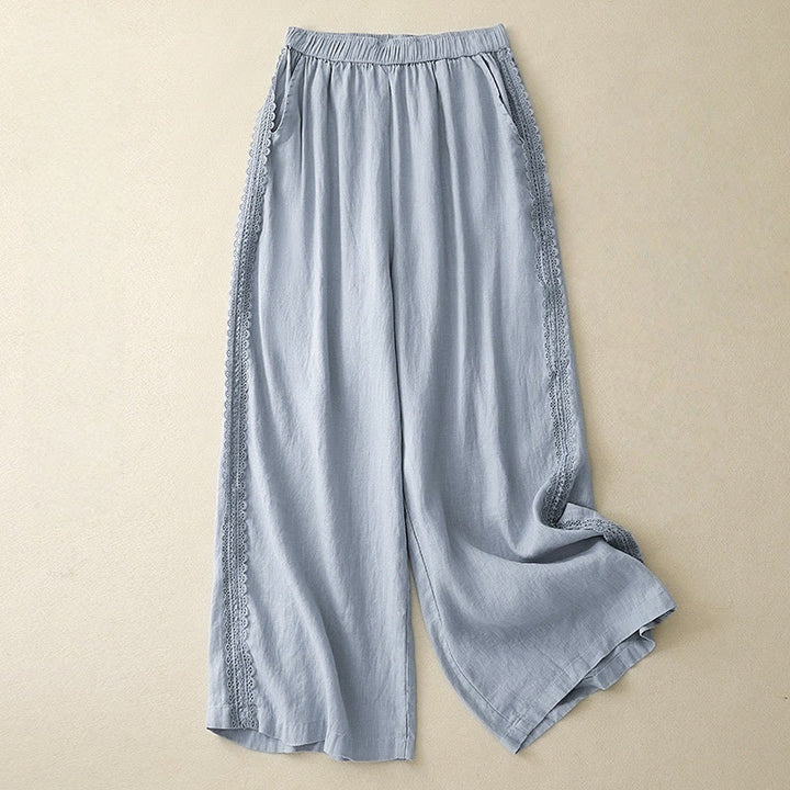 Buddha Stones Damenhose mit weitem Bein und Spitzennähten aus Baumwolle und Leinen in schlichter Farbe mit Taschen - Hellblau - US 8-10, UK/AU 12-14, EU 40-42 (2XL) - image 0