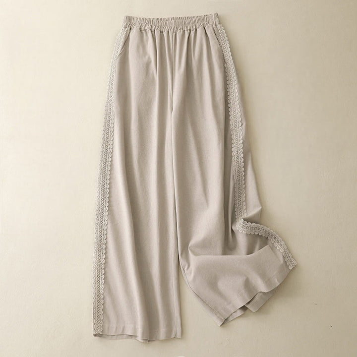 Buddha Stones Damenhose mit weitem Bein und Spitzennähten aus Baumwolle und Leinen in schlichter Farbe mit Taschen - Beige - US 8-10, UK/AU 12-14, EU 40-42 (2XL) - image 8