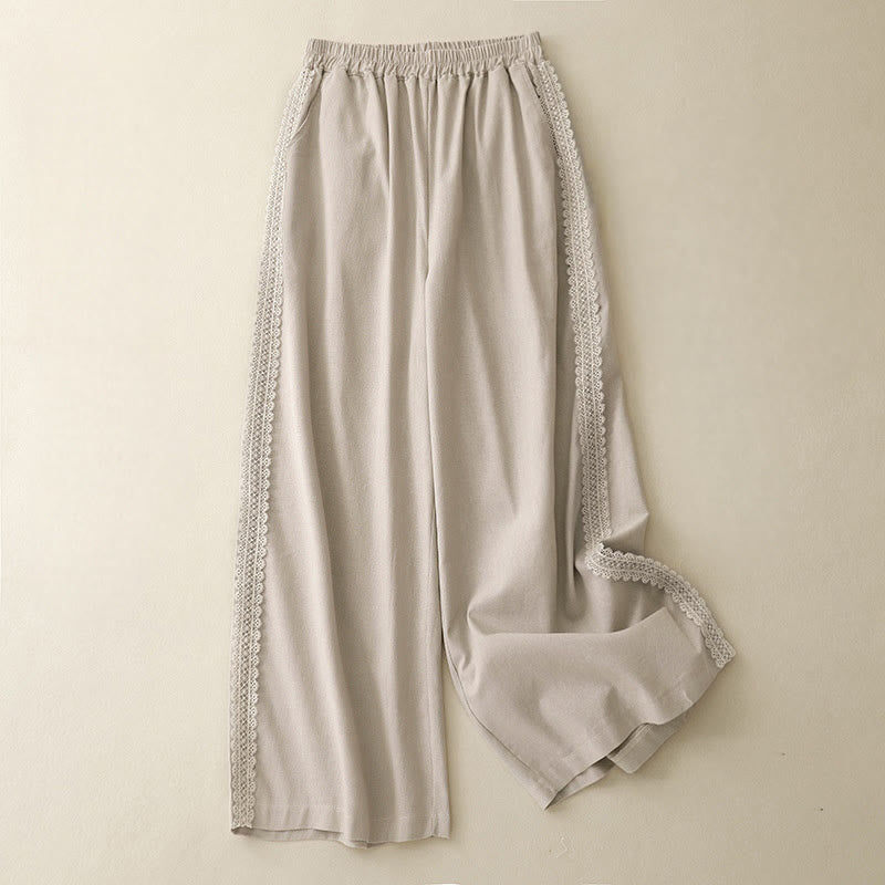 Buddha Stones Damenhose mit weitem Bein und Spitzennähten aus Baumwolle und Leinen in schlichter Farbe mit Taschen - Beige - US8-10， UK/AU12-14，EU40-42 (2XL) - image 8