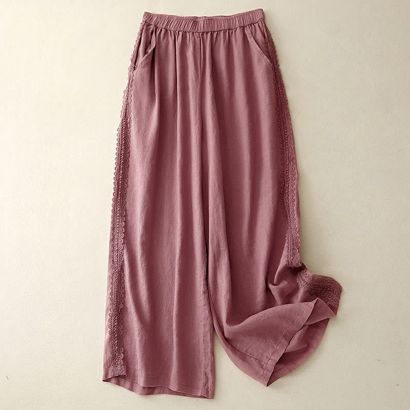 Buddha Stones Damenhose mit weitem Bein und Spitzennähten aus Baumwolle und Leinen in schlichter Farbe mit Taschen - BlassViolettRot - US8-10， UK/AU12-14，EU40-42 (2XL) - image 13