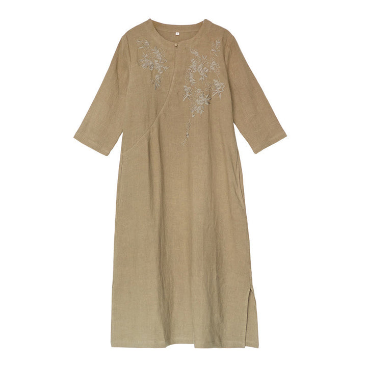 Buddha Stones – Midikleid aus Baumwolle und Leinen mit Vintage-Stickerei, Dreiviertelärmeln und Taschen - image 11