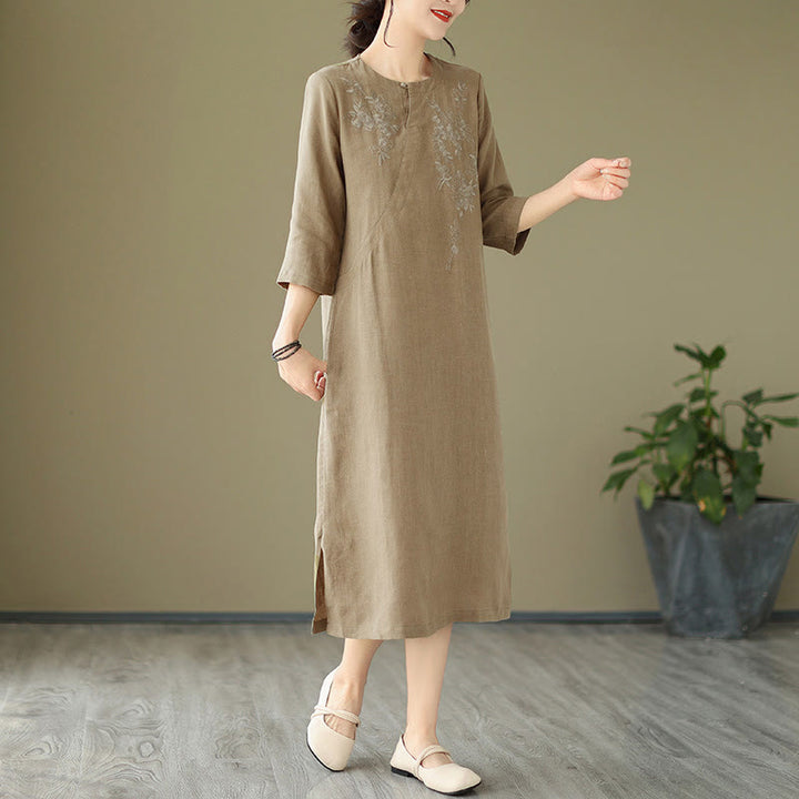 Buddha Stones ​​Vintage-Stickerei Dreiviertelärmel Midikleid mit Taschen - image 5